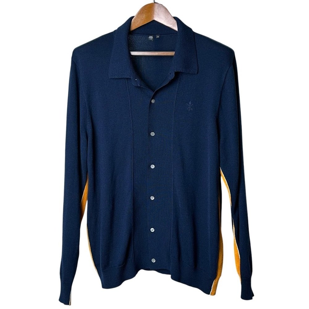 Opening Ceremony Men's Large Knit Collared Cardigan Color Block Navy Blue Orange